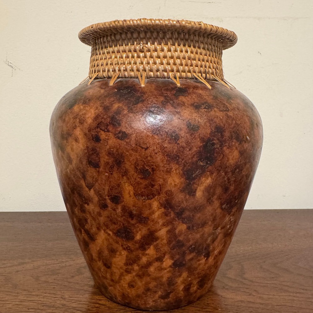 Vintage Handcrafted Rattan Woven Neck Brown Mottled Gourd Style Decorative Vase